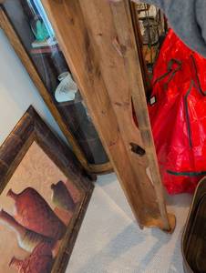 lot 2671 image: Quilt Rack with plate cut out on the top. 5 feet long
