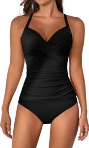 Women's Ruched Tankini Swimsuits V Neck Wrap Tie Back Two Pieces Bathing Suit Tummy Control Swimwear(Black) Large - Retail: $39