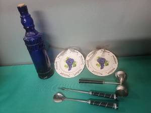 lot 27 image: Mixed Kitchen and Dining Set with Blue Glass Bottle