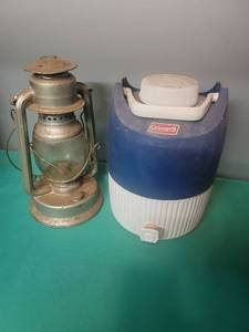 lot 30 image: Camping Gear Bundle - Oil Lantern and Coleman Water Jug