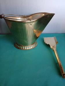 lot 9110 image: Green and Brass Coal Scuttle with Shovel