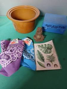 lot 9147 image: Mixed Item Lot - Ceramic Crock Pot, Bandanas, Storage Box, and Wood Figurine - Retail $15