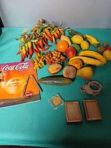 lot 9148 image: Mixed Collectibles Lot with Coca-Cola Catalog and Artificial Fruits - Retail $25