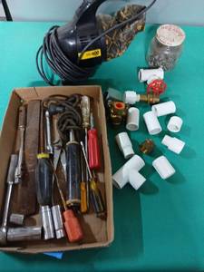 lot 9190 image: Mixed Tool and Hardware Lot with Plumbing Fittings - Retail $25