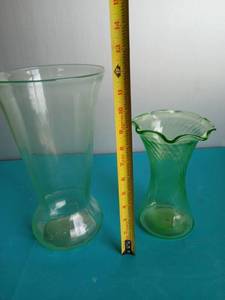 lot 9249 image: Green Glass Vase and Bowl Set Depression Era Style - Retail $15