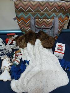 lot 9512 image: Chevron Pattern Tote Bag with Christmas Ornament and Holiday Items