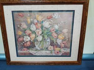 lot 9521 image: Barbara Mock Framed Print Floral Still Life Watercolor Beauty in Bloom  Bonus Two More Pictures and a Solid Mirror