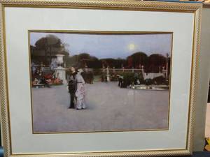 lot 9522 image: Framed Oil Painting Print Couple in Garden Terrace Scene  Bonus Picture - Artists John Singer Sargent and Fred MacNeill
