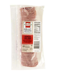 lot 3398 image: Hormel Bread Ready Genoa Salami, Sliced, 0.8 oz per slice. (2 lb Bag) Freeze By 03072025