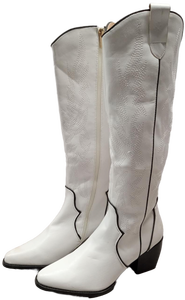 lot 3375 image: DreamPairs White Leather Western Cowgirl Boots with Embroidered Design (Size 9)