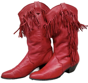 lot 3384 image: Dingo Red Leather Cowgirl Boots with Fringe Detail (Size 8.5 D)