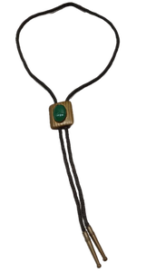 lot 3394 image: Western Bolo Tie with Green Stone and Gold Tone Setting