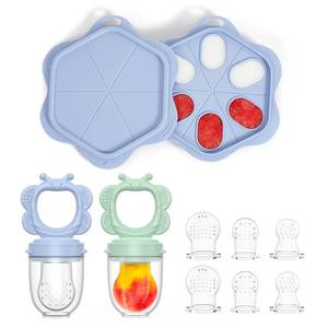 lot 4028 image: Silicone Baby Fruit Food Feeder (2 Pack) with Freezer Nibble Tray, Breastmilk Popsicle Molds for Baby Teething Relief, Silicone Feeder for Safe Infant Self Feeding, BPA Free, Dishwasher Safe, 3 Month
