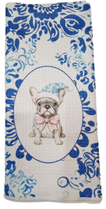lot 4061 image: French Bulldog Kitchen Tea Towel with Blue Floral Pattern
