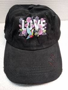 lot 4221 image: Black Distressed Baseball Cap with Love Floral Embroidery
