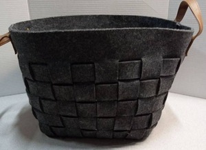 lot 4232 image: Gray Felt Storage Basket with Leather Handles