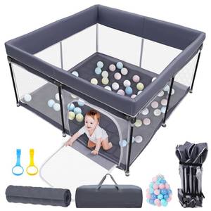 lot 4097 image: Foldable Baby Playpen with Mat, 50x50 Playpen for Babies and Toddlers, Play Pen for Baby with Gate, Breathable, Collapsible Play Yard with Bag (Dark Grey, M) - Retail $97