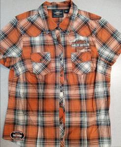 lot 4272 image: Harley-Davidson Orange Plaid Button-Up Shirt - Size L