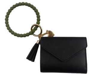lot 4313 image: Black Leather Evening Clutch with Twisted Handle and Tassel Keychain