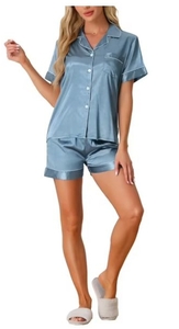 lot 4317 image: Womens Gray Blue Short Sleeve Button Down Pajama Set with Shorts - Size Large