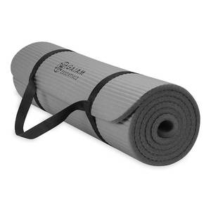 lot 4345 image: Gaiam Essentials Thick Yoga Mat Fitness & Exercise Mat with Easy-Cinch Carrier Strap, Grey, 72L X 24W X 25 Inch Thick, 10mm