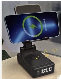 lot 4164 image: 4-in-1 Wireless Charging Station with Bluetooth Speaker and Digital Clock