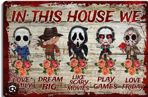 lot 4174 image: Decorative metal wall sign (13x8) featuring popular horror movie characters including Michael Myers, Freddy Krueger, Ghostface, Billy from Saw, and Jason.