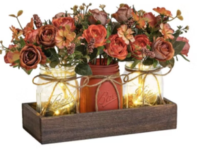 lot 4183 image: 3 Pcs Mason Jar Centerpiece Table Decorations for Dining Table Decor Farmhouse Coffee Table Decor with Wood Tray and Led Light Table Centerpieces for Dining room Kitchen Living Bathroom