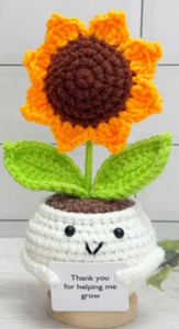 lot 4613 image: Crochet Sunflower in Pot with Thank You for Helping me Grow Message