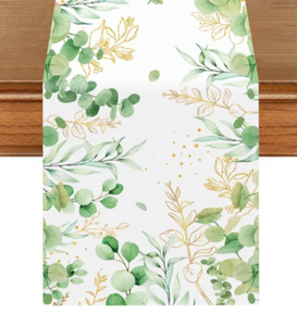 lot 4617 image: Green Eucalyptus Leaves Table Runner, Seasonal Linen Table Decor Farmhouse Decor Floral Leaves Spring Table Runner, 13 x 70inches