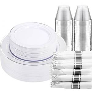 lot 4505 image: DaYammi 210PCS Silver Plastic Dinnerware Set for 30 Guests, Fancy Disposable Plates for Party, Include 30 Dinner Plates, 30 Dessert Plates, 30 Pre Rolled Napkins with Silver Silverware, 30 Cups