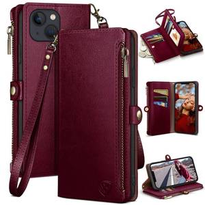 lot 4528 image: XcaseBar compatible with iPhone 14 Plus 6.7 Wallet case with Zipper Credit Card Holder RFID Blocking,Flip Folio Book PU Leather Phone case Shockproof Cover Men Women for Apple 14 Plus case Wine Red