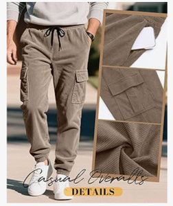 lot 4530 image: August Alley Mens Cargo Pants Corduroy Joggers Casual Baggy Street Y2k Pants Drawstring Tapered Sweatpants with PocketsKhakii - Medium