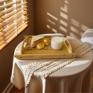 lot 4533 image: Bamboo Serving Tray Rectangle Platter Breakfast Dinner Food Bed Tray for Eating Kitchen Restaurants (1, 15 x 10.2 x 1.2 (with Handle))