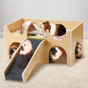 lot 4539 image: Upgraded Guinea Pig Castle, Sturdy Wooden Guinea Pig Hideout, Small Animal House Bed Hut Habitats with Stairs, Easy to Assemble for Hamsters Bunny Chinchillas Playing Hiding