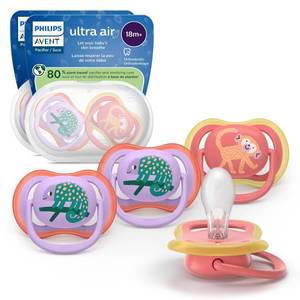 lot 4560 image: Philips Avent Ultra Air Pacifiers 18m - ChameleonMonkey - 4pk Silicone, BPA-Free, Phthalate-Free