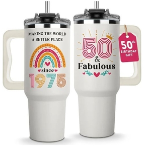 lot 4568 image: 50th Birthday Insulated Tumbler with Handle and Straw