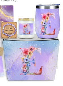 lot 4659 image: Personalized Gifts Monogrammed Birthday Gifts for Women, Daughter Bestie Friendship Initial Wine Tumbler Makeup Bag Scented Candle Bracelet Set, (Aesthetic PINK Flower E)