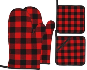 lot 4573 image: Red Buffalo Plaid Oven Mitt and Pot Holder Set