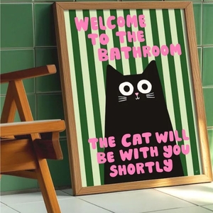 lot 4591 image: Funny Cat Bathroom Wall Art Print with Black Cat Design