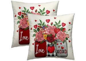 lot 4683 image: Happy Valentines Pillowcovers 16X16 Inch Red Love Heart Pillows Set of 2 Valentine Flowers Throw Pillows Case