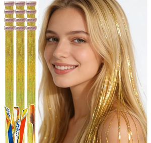 lot 4691 image: CELINABELLA Holographic Gold Hair Tinsel Clip-in 23 Inch 70 Strands Heat Resistant Full Head Silicone Clip Kit with Comb & Ribbon for Women