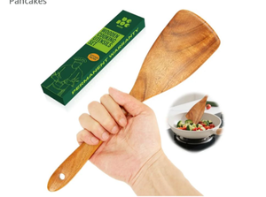 lot 4718 image: Bkiok Wooden Spatula, 12.5 Teak Wood Long Handle Flat Frying Turner, Heat-Resistant Wooden Spoon for Nonstick Pans, Durable Kitchen Utensil Gift
