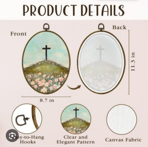 lot 4735 image: Easter 3 Cross in Floral Landscape Oval Canvas Wall Art