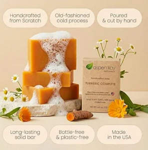 lot 4739 image: Aspen Kay Naturals Turmeric Soap for Face & Body - With Organic Shea Butter, Chamomile & Calendula - Gentle Turmeric Face Wash, All Skin Types, Made in USA 4.5 oz (3 Pack)