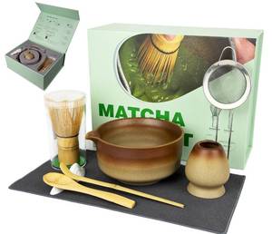 lot 4808 image: Matcha Whisk Set, 7 Pcs Matcha Kit with Bamboo Tools, Bamboo Design Matcha Bowl, Holder, Scoop, Scoop Rest, Sifter and Tea Towel for Matcha Lovers
