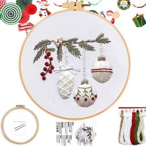 lot 4814 image: FONNUY Crewel Christmas Embroidery Kit for Beginners, Cross Stitch Set Winter Snow Scene Pine Owl Pattern for Adults, Easy to Follow Color Thread Needlework, 8 Hoop (Holly Bauble)