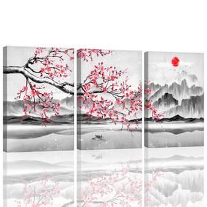lot 4815 image: Pink Cherry Blossom Wall Art Red Sun Japanese Wall Decor Pink Floral Canvas Art Pictures Aesthetic Girls Room Wall Decor for Bedroom Kitchen Office Decor Artwork for Walls Stretched 12x16inches x3pcs