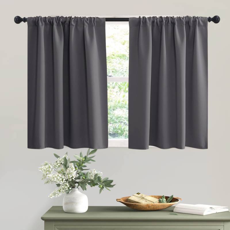 lot 1052 image: RYB HOME Short Grey Blackout Curtains for Small Bedroom Window, Insulating UV Blocking Drapes for Kitchen Cafe Basement Garage, Privacy Tiers for Bathroom Window, Width 30 by Length 30, Set of 2