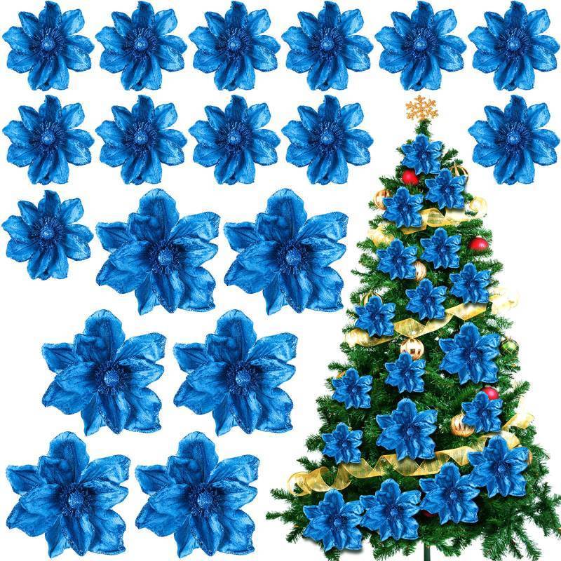 lot 233 image: Suncalla 18 Pcs 12 9.8 Large Poinsettia Flowers Artificial for Christmas Tree Glitter Poinsettias Picks with Stem Xmas Faux Silk Floral Ornaments for Santa Garland Home Decoration Party(Blue)